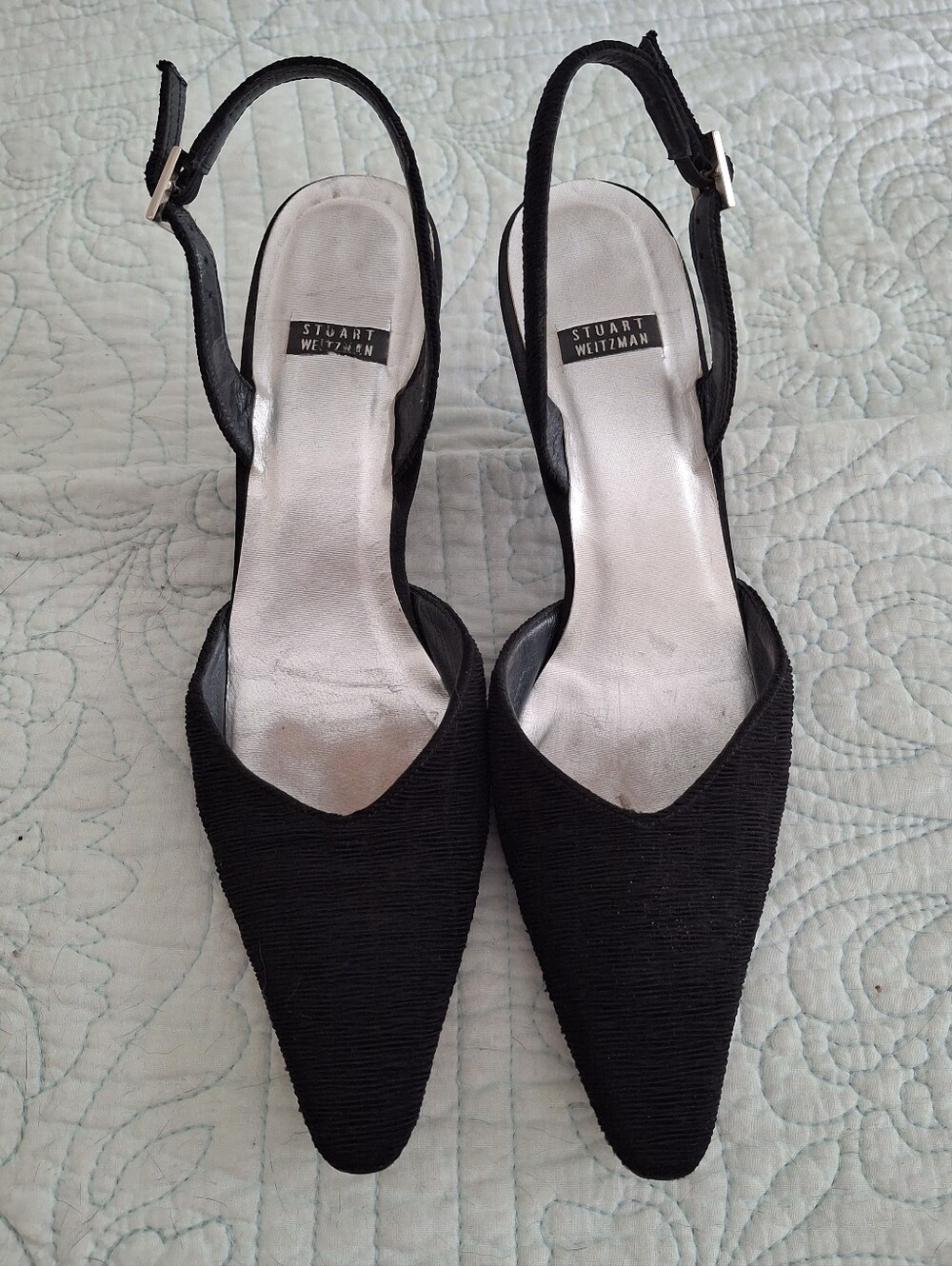 Stuart Weitzman Black Pointed-Toe Slingback Heels Withrhinestone Buckle Size 8.5